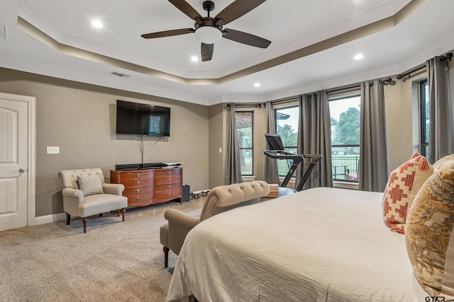 bedroom featuring a raised ceiling, ceiling fan, and crown molding