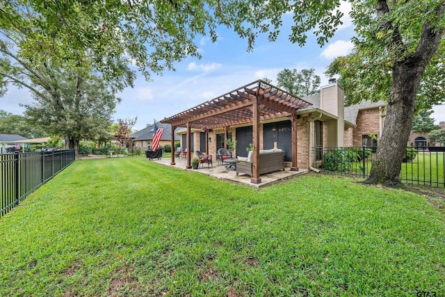 rear view of house featuring a patio area, a yard, and a pergola