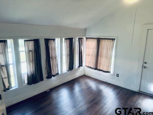 empty room featuring vaulted ceiling, plenty of natural light, and dark hardwood / wood-style flooring