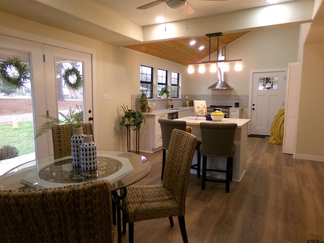 dining room featuring wooden ceiling, lofted ceiling with beams, sink, ceiling fan, and dark hardwood / wood-style flooring