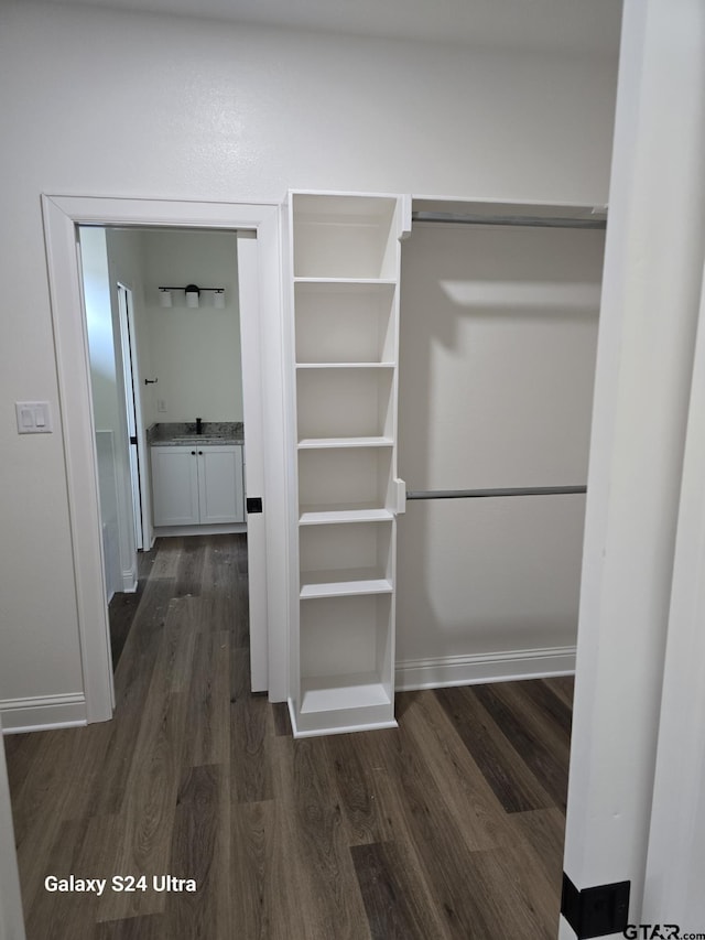 spacious closet with dark wood finished floors and a sink