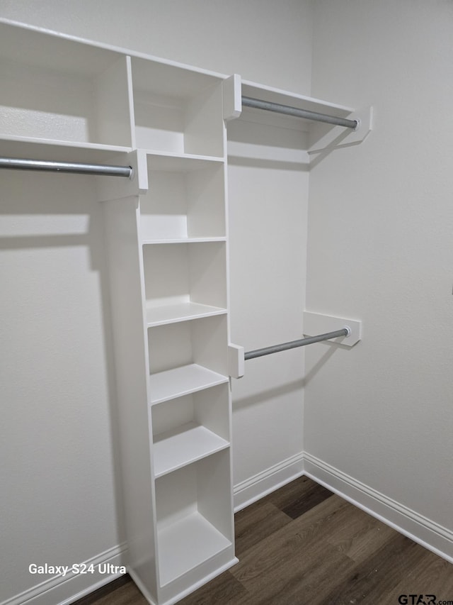 walk in closet featuring dark wood-style flooring