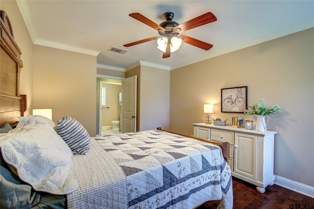 356 County Road 1439, Sulphur Springs, TX 75482 - bedroom with dark wood-style flooring, baseboards, visible vents, a ceiling fan, and ornamental molding