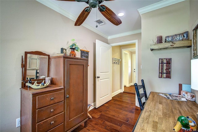 356 County Road 1439, Sulphur Springs, TX 75482 - dining room with dark wood-style floors, baseboards, visible vents, ceiling fan, and ornamental molding