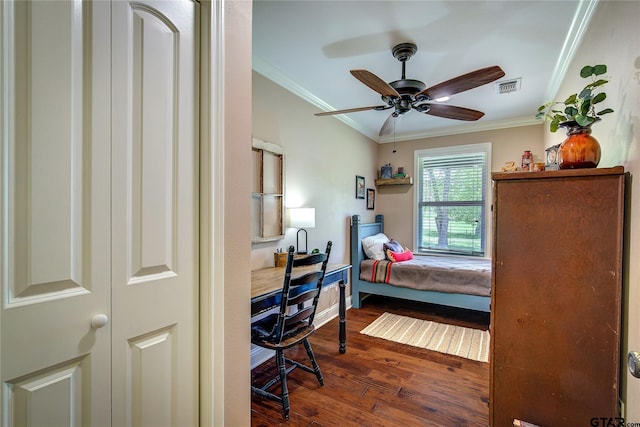 356 County Road 1439, Sulphur Springs, TX 75482 - bedroom with dark wood finished floors, ceiling fan, visible vents, and ornamental molding