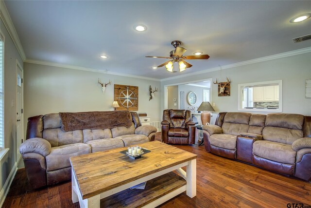 356 County Road 1439, Sulphur Springs, TX 75482 - living room with a ceiling fan, crown molding, and visible vents
