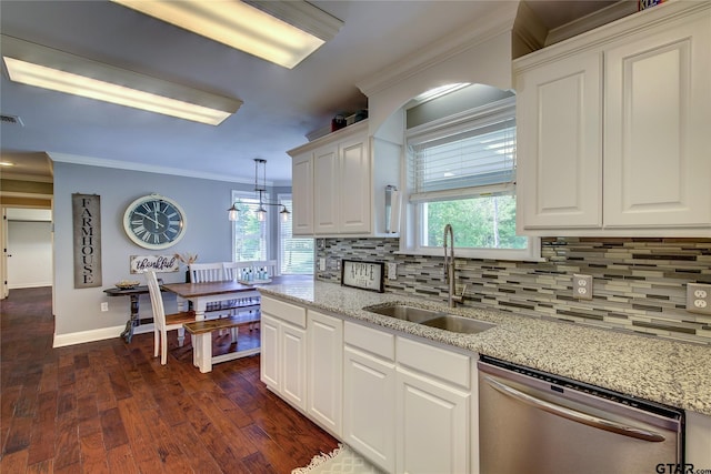 356 County Road 1439, Sulphur Springs, TX 75482 - kitchen with dark wood-style floors, backsplash, dishwasher, ornamental molding, and a sink