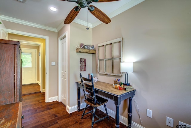 356 County Road 1439, Sulphur Springs, TX 75482 - office space with dark wood finished floors, baseboards, recessed lighting, ceiling fan, and crown molding