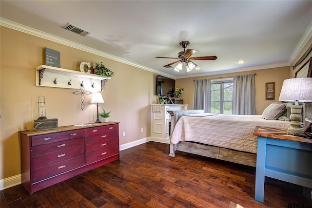 356 County Road 1439, Sulphur Springs, TX 75482 - bedroom with baseboards, visible vents, dark wood-style floors, and crown molding
