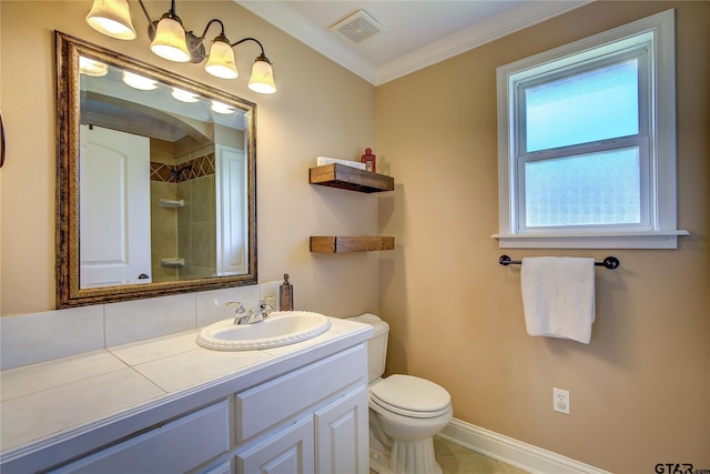 356 County Road 1439, Sulphur Springs, TX 75482 - full bath featuring tiled shower, toilet, visible vents, crown molding, and vanity