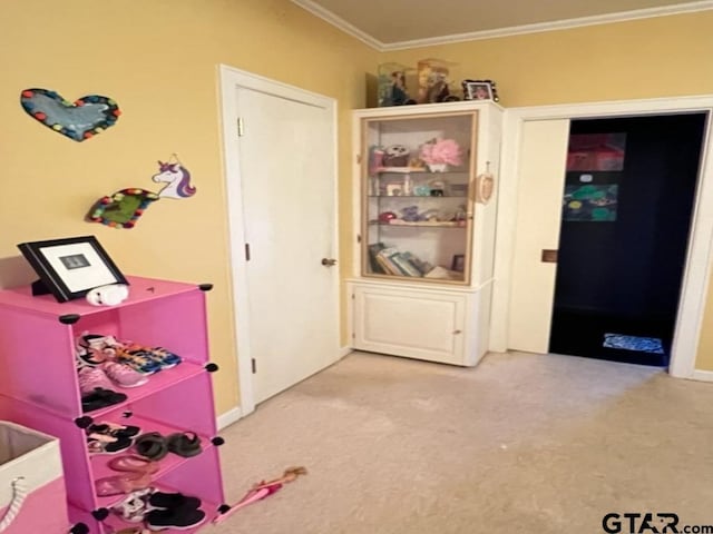 playroom with crown molding and light carpet