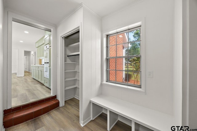 199 Plum St, Rusk, TX 75785 - mudroom with light wood-type flooring, crown molding, and recessed lighting