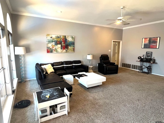 living room featuring carpet floors and ornamental molding