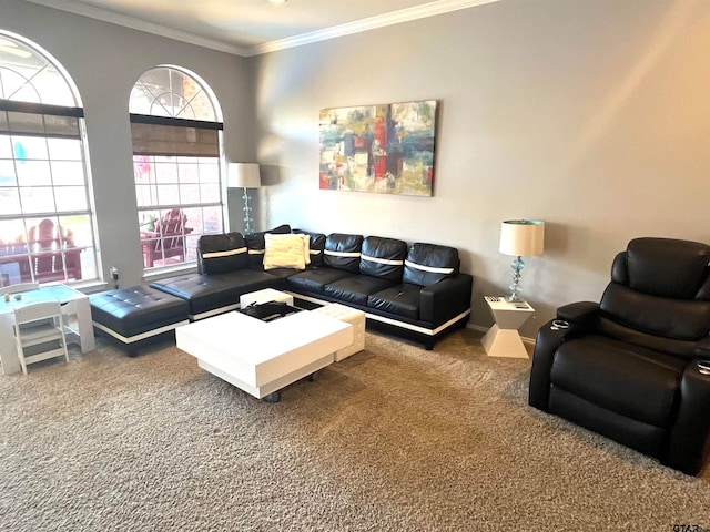 living room with carpet flooring and crown molding