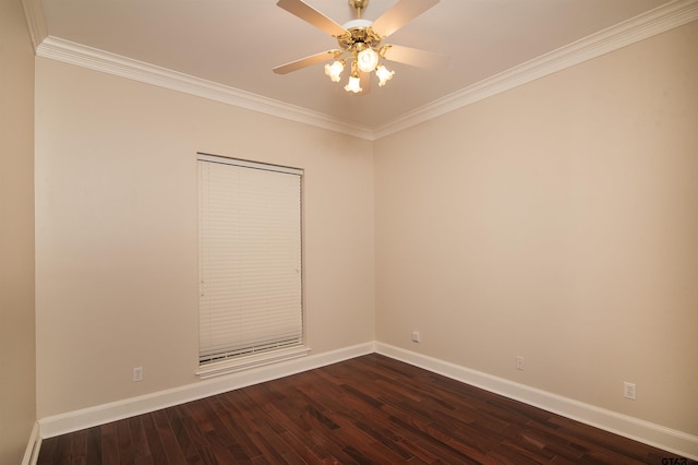 empty room with dark hardwood / wood-style floors, ceiling fan, and ornamental molding