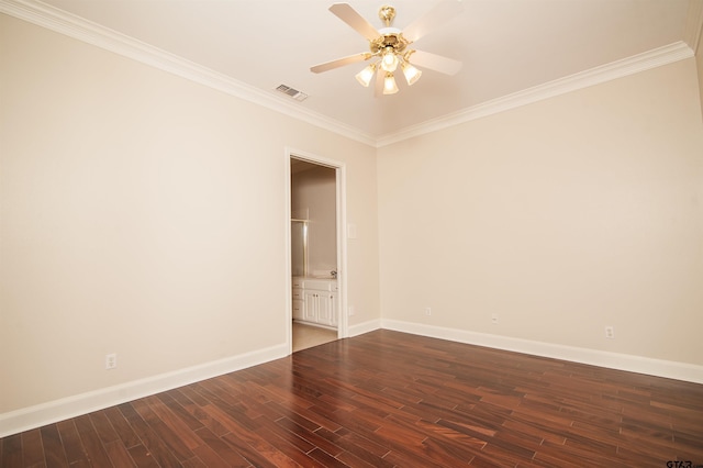 empty room with ceiling fan and ornamental molding