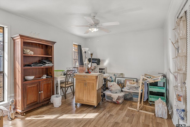 home office with light hardwood / wood-style floors and ceiling fan