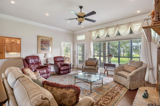 215 S Bay Dr, Bullard, TX 75757 - living area with a ceiling fan, ornamental molding, wood finished floors, and recessed lighting