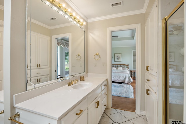 215 S Bay Dr, Bullard, TX 75757 - ensuite bathroom featuring vanity, a stall shower, ornamental molding, and tile patterned flooring