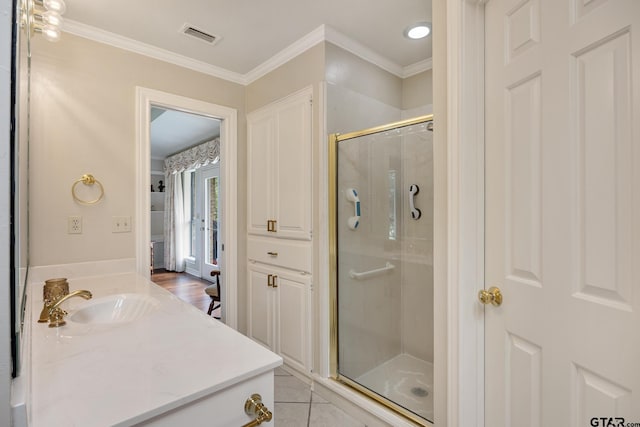 215 S Bay Dr, Bullard, TX 75757 - full bathroom with a stall shower, vanity, tile patterned flooring, and crown molding