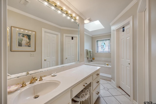 215 S Bay Dr, Bullard, TX 75757 - bathroom featuring a skylight, vanity, a bath, tile patterned flooring, and ornamental molding