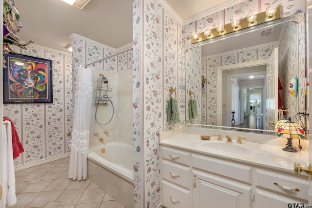 215 S Bay Dr, Bullard, TX 75757 - full bathroom with wallpapered walls, crown molding, tile patterned flooring, shower / bath combo, and vanity