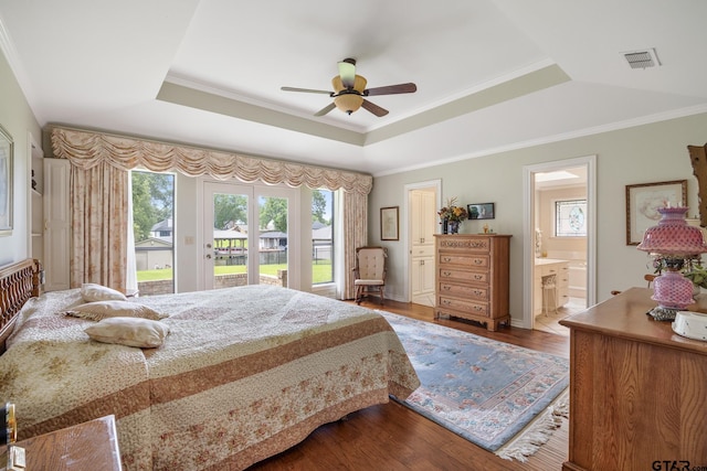 215 S Bay Dr, Bullard, TX 75757 - bedroom featuring a tray ceiling, access to outside, multiple windows, crown molding, and dark wood finished floors