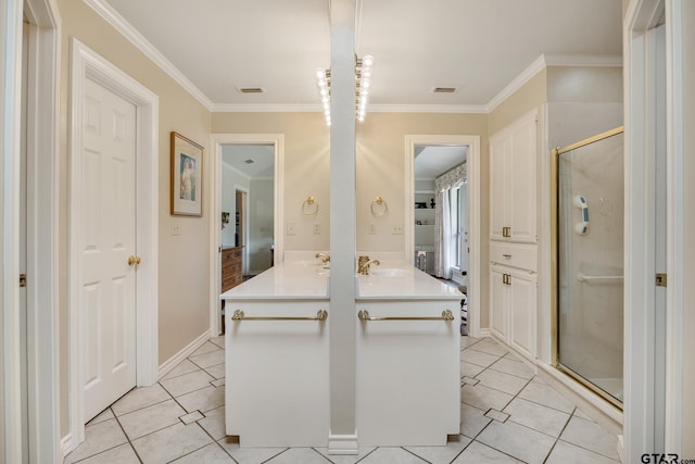 215 S Bay Dr, Bullard, TX 75757 - full bath with tile patterned floors, vanity, a shower stall, and ornamental molding