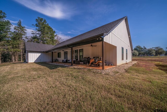24579 Crk 4117, Frankston, TX 75763 - rear view of house featuring ceiling fan, a lawn, roof with shingles, and a patio area
