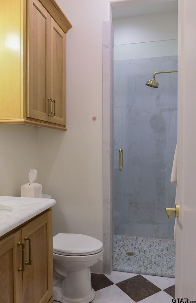 bathroom with toilet, a shower stall, and vanity