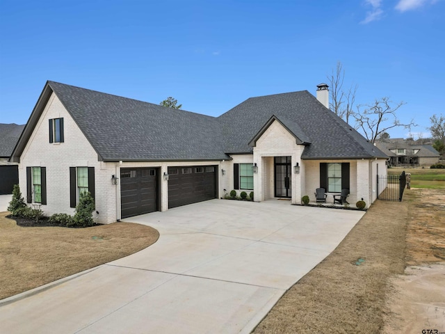 view of front facade with an attached garage, brick siding, a shingled roof, driveway, and a chimney