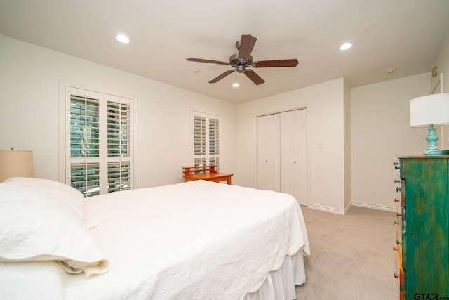 431 Gifford St, Rusk, TX 75785 - bedroom featuring light carpet, recessed lighting, a closet, and a ceiling fan
