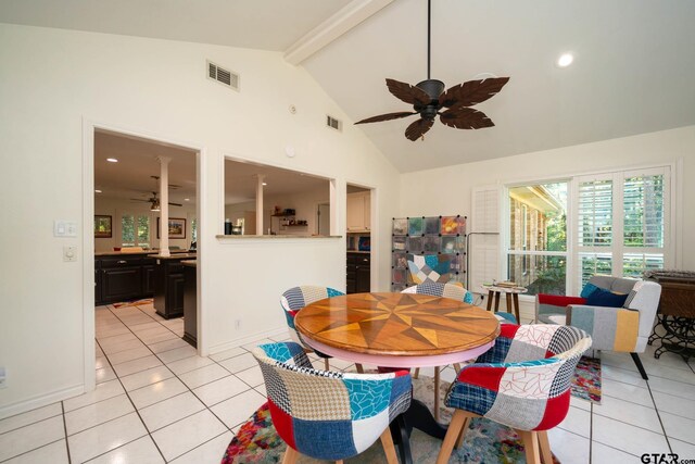 431 Gifford St, Rusk, TX 75785 - dining area with a ceiling fan, light tile patterned floors, beamed ceiling, and high vaulted ceiling