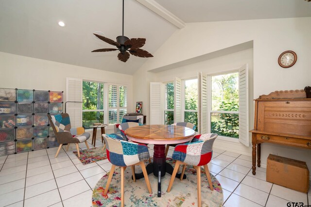431 Gifford St, Rusk, TX 75785 - dining area with light tile patterned floors, ceiling fan, beamed ceiling, and high vaulted ceiling