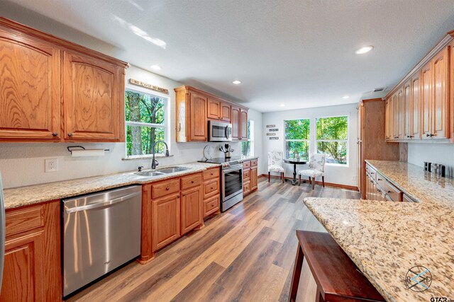 kitchen featuring sink, hardwood / wood-style flooring, light stone countertops, plenty of natural light, and appliances with stainless steel finishes