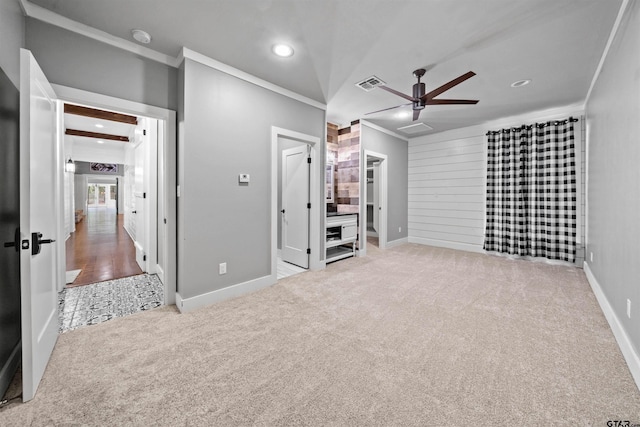 unfurnished bedroom featuring recessed lighting, visible vents, carpet floors, and ornamental molding