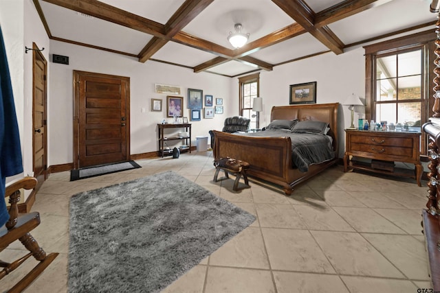 bedroom featuring beamed ceiling, light tile patterned floors, and coffered ceiling