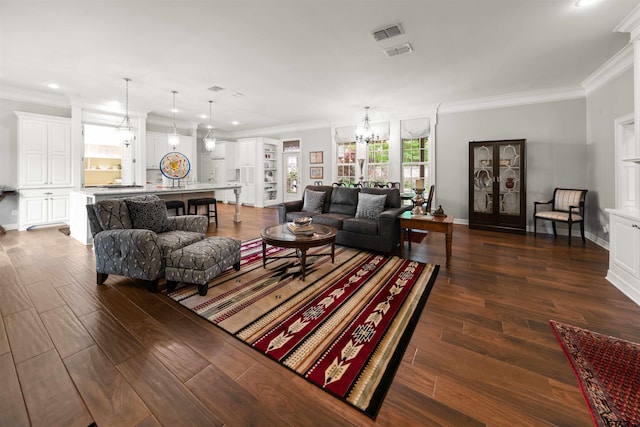 living room with a notable chandelier, dark hardwood / wood-style flooring, and crown molding