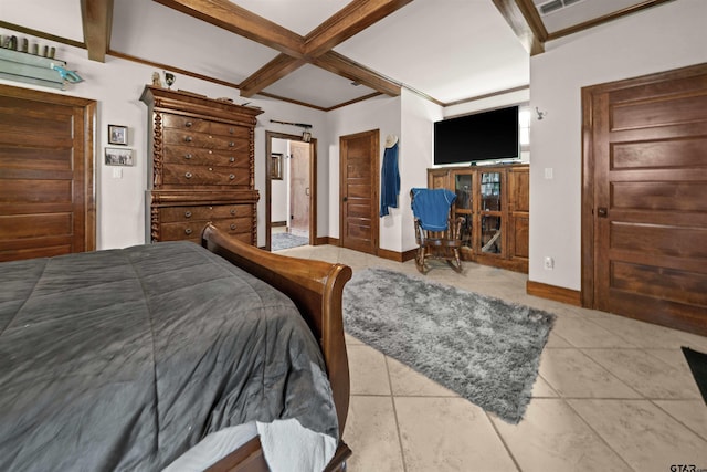 tiled bedroom with beam ceiling and coffered ceiling