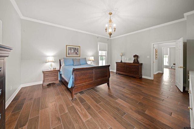 bedroom featuring crown molding and an inviting chandelier