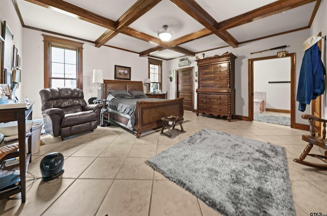 tiled bedroom featuring beamed ceiling, connected bathroom, and coffered ceiling