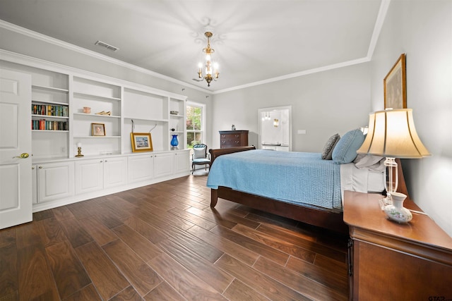 bedroom featuring dark hardwood / wood-style flooring, ornamental molding, and a notable chandelier