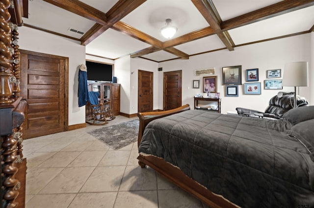 tiled bedroom featuring beamed ceiling and coffered ceiling