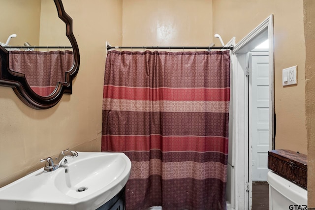 bathroom with hardwood / wood-style floors, vanity, toilet, and curtained shower