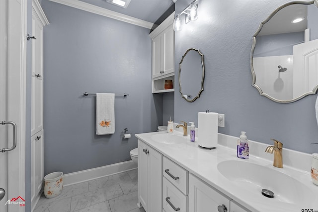 bathroom with ornamental molding, a shower, vanity, and toilet