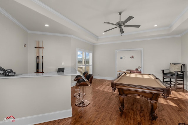 playroom with crown molding, billiards, wood-type flooring, and a tray ceiling