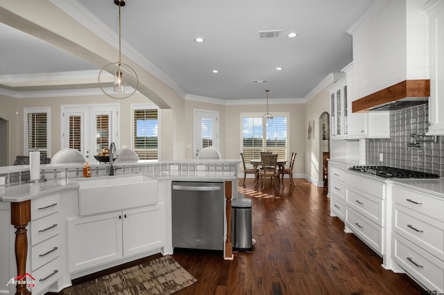 kitchen featuring premium range hood, appliances with stainless steel finishes, sink, white cabinets, and crown molding