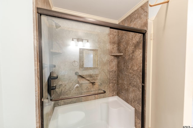102 King Henry Rd, Scroggins, TX 75480 - bathroom featuring a stall shower and crown molding