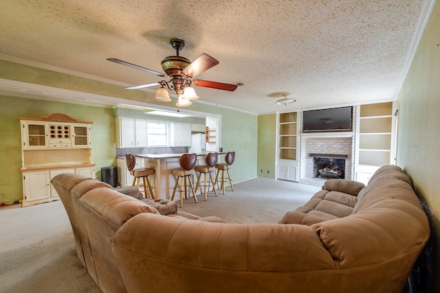 102 King Henry Rd, Scroggins, TX 75480 - living room with light carpet, a fireplace, a textured ceiling, ceiling fan, and ornamental molding