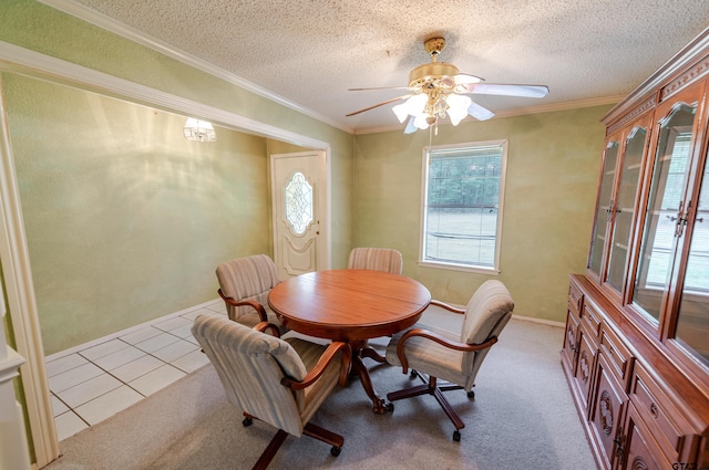 102 King Henry Rd, Scroggins, TX 75480 - dining room with a ceiling fan, crown molding, tile patterned flooring, and a textured ceiling